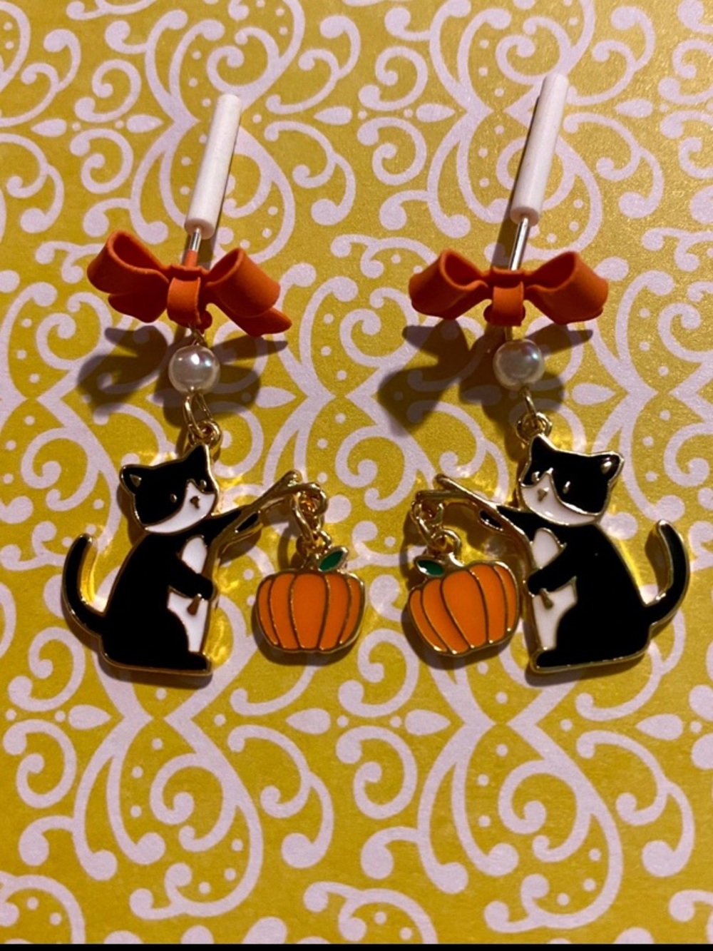 Black Cat Pumpkin Drop Earrings with Orange Bows